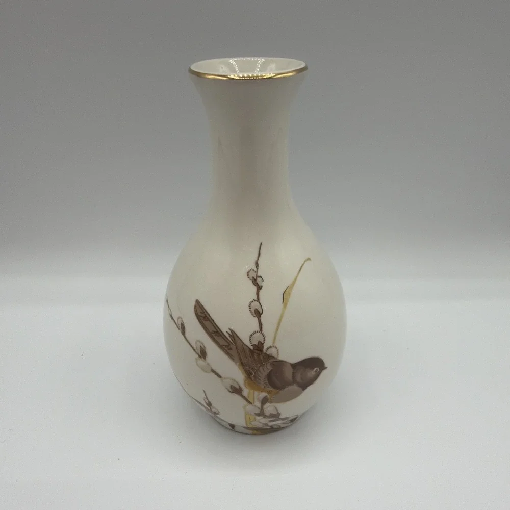 VTG Otagiri Japan Bud Weed Vase Gibson Chickadee PussyWillow Gold Trim